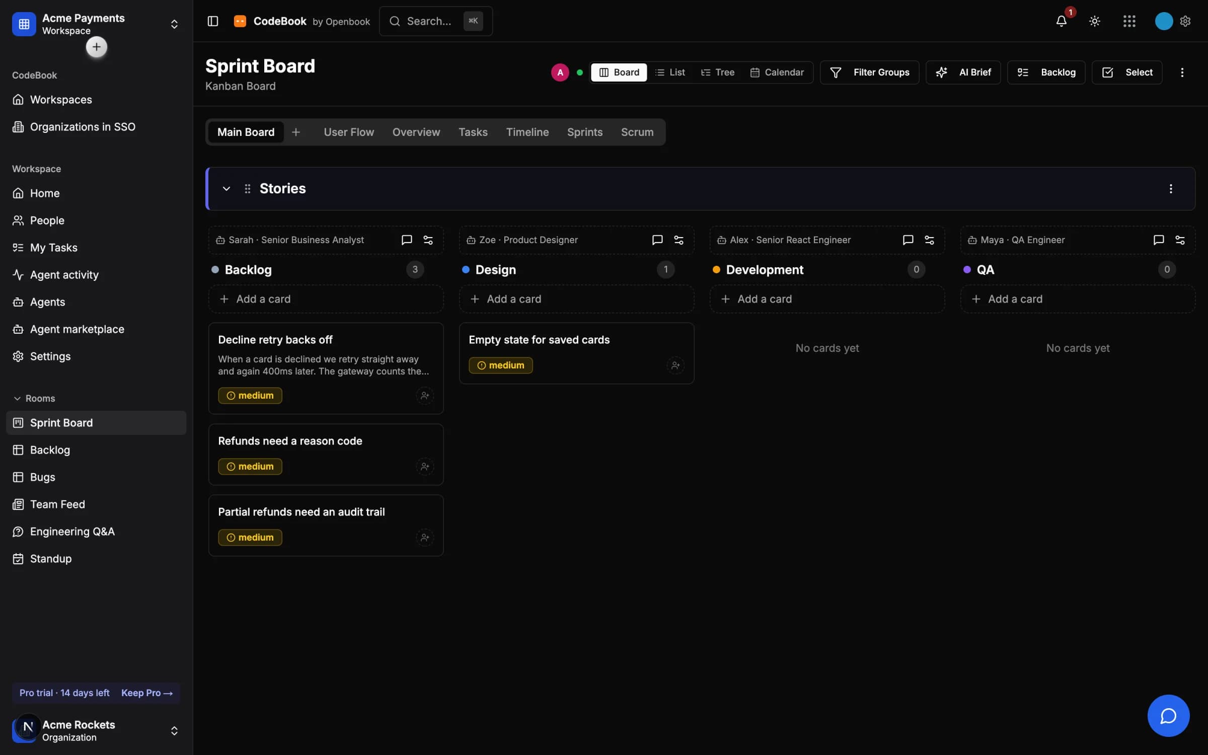 A CodeBook delivery board: four columns — Backlog, Design, Development and QA — each headed by the worker that owns it.