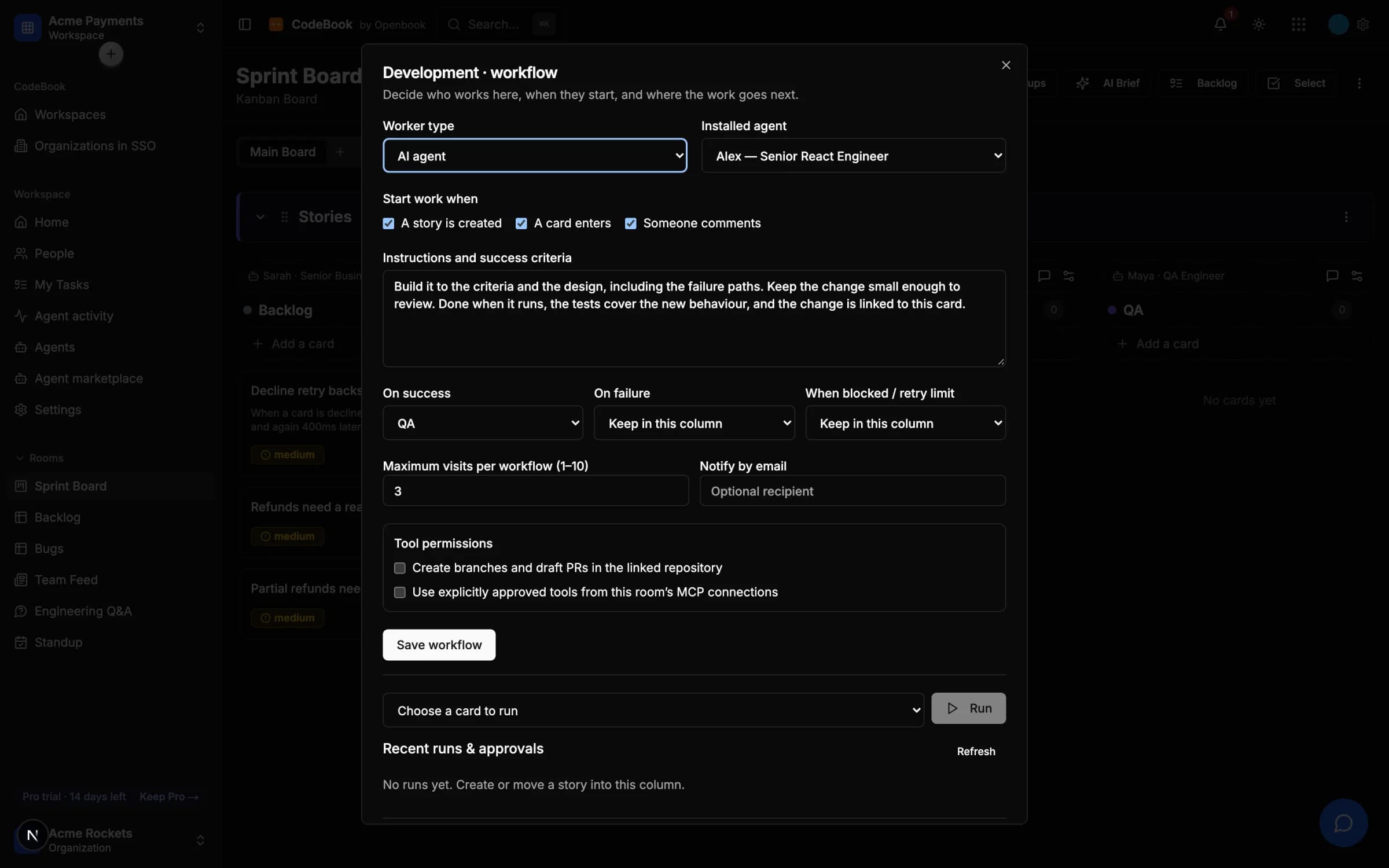 CodeBook's column workflow settings: the installed agent, what starts the work, the success criteria, and where the card goes on success, on failure and when blocked.